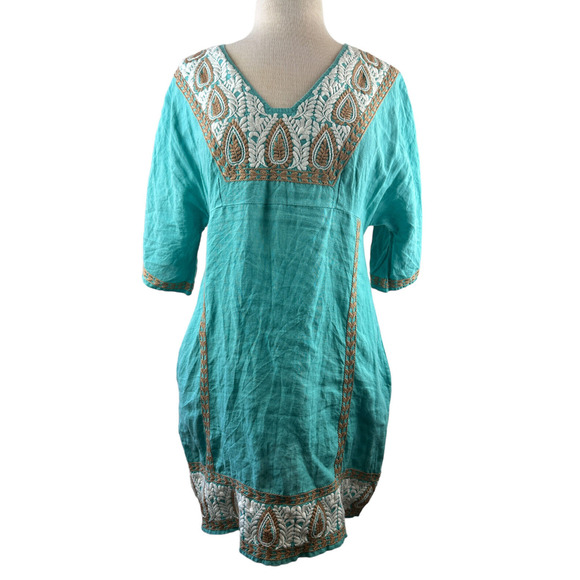 Uncle Frank 100% Linen Embroidered Dress V-Neck Boho Festival Pockets Size Small - Picture 3 of 12